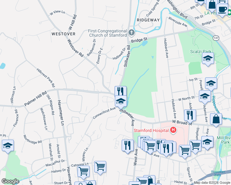 map of restaurants, bars, coffee shops, grocery stores, and more near 496 Stillwater Road in Stamford