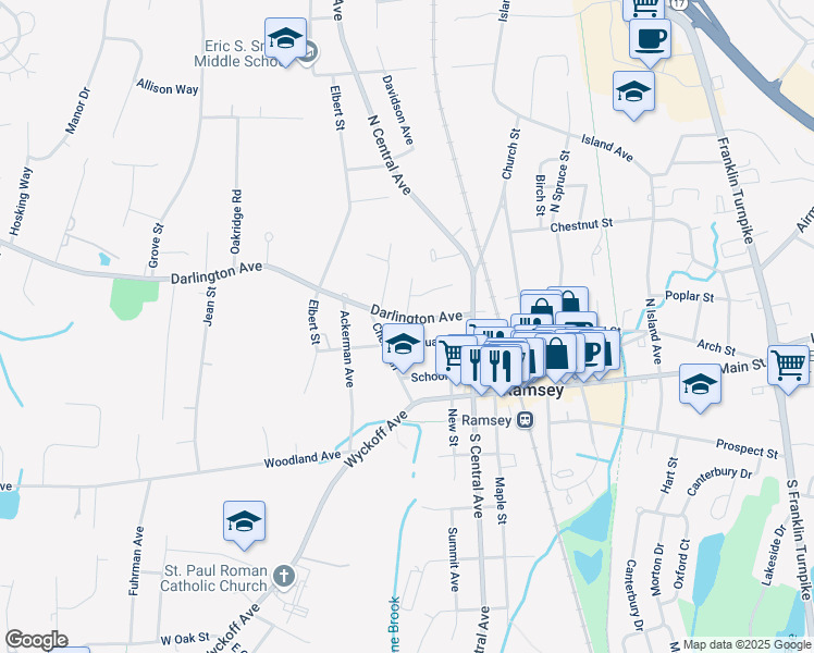 map of restaurants, bars, coffee shops, grocery stores, and more near 58 Darlington Avenue in Ramsey