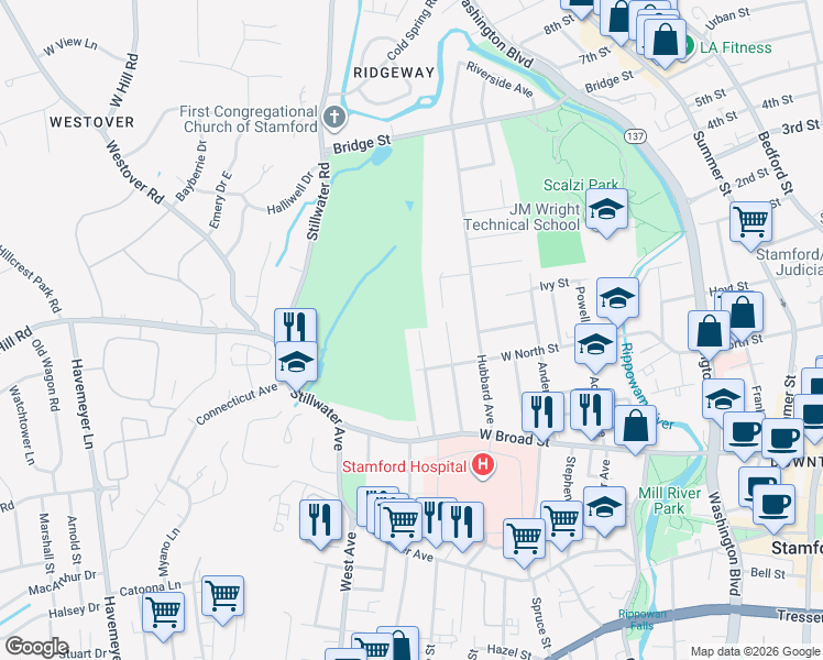 map of restaurants, bars, coffee shops, grocery stores, and more near 92 Rachelle Avenue in Stamford