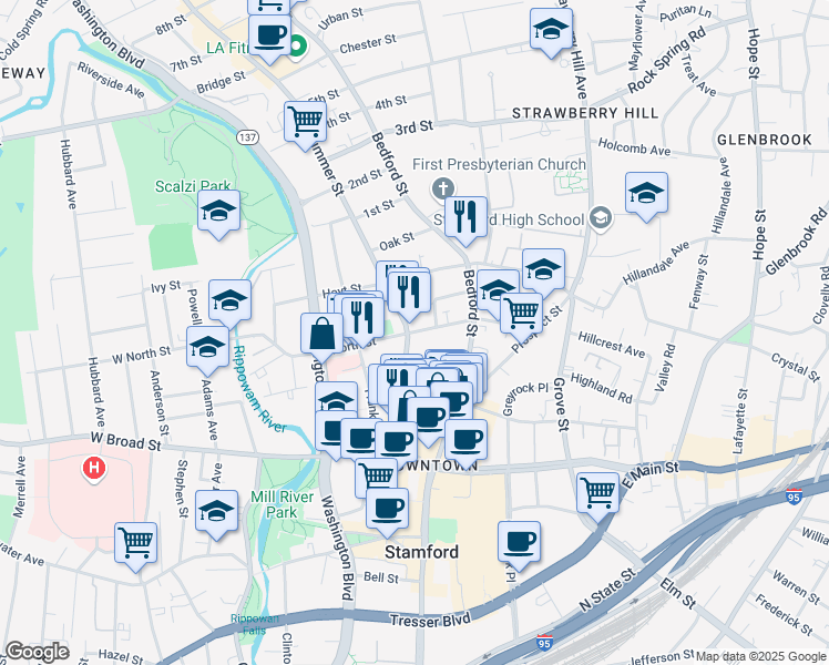 map of restaurants, bars, coffee shops, grocery stores, and more near in Stamford