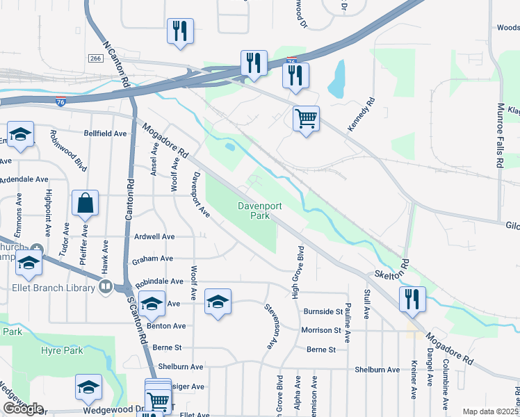 map of restaurants, bars, coffee shops, grocery stores, and more near 2756 Mogadore Road in Akron