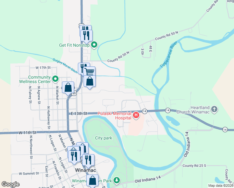 map of restaurants, bars, coffee shops, grocery stores, and more near 267 Galbreath Drive in Winamac