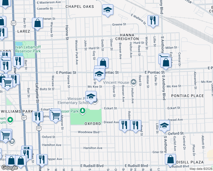 map of restaurants, bars, coffee shops, grocery stores, and more near 2825 Smith Street in Fort Wayne