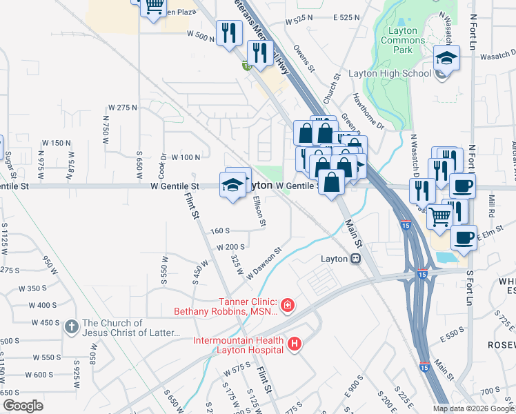 map of restaurants, bars, coffee shops, grocery stores, and more near 58 Ellison Street in Layton