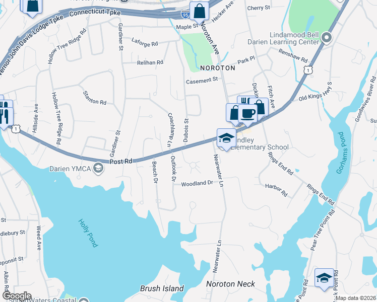 map of restaurants, bars, coffee shops, grocery stores, and more near in Darien