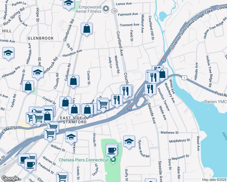 map of restaurants, bars, coffee shops, grocery stores, and more near 38 Revere Drive in Stamford