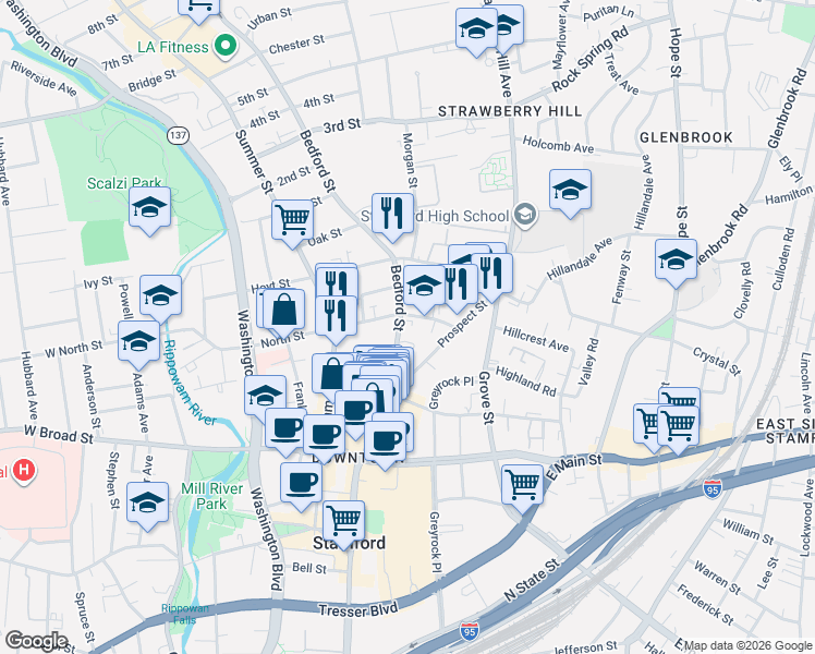 map of restaurants, bars, coffee shops, grocery stores, and more near in Stamford