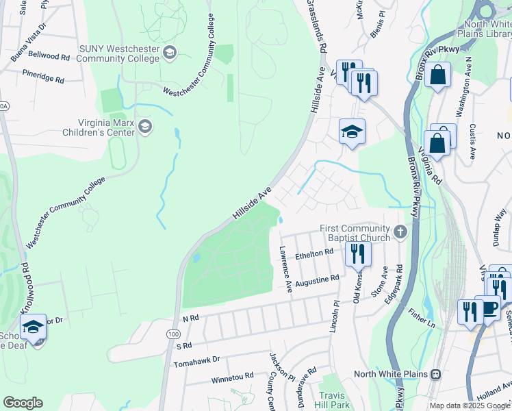 map of restaurants, bars, coffee shops, grocery stores, and more near 15 Victory Court in White Plains