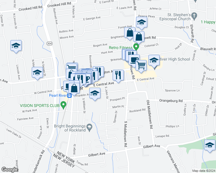 map of restaurants, bars, coffee shops, grocery stores, and more near 130 East Central Avenue in Pearl River