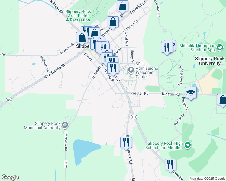 map of restaurants, bars, coffee shops, grocery stores, and more near 435 Elm Street in Slippery Rock