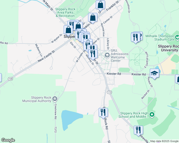 map of restaurants, bars, coffee shops, grocery stores, and more near 435 Elm Street in Slippery Rock
