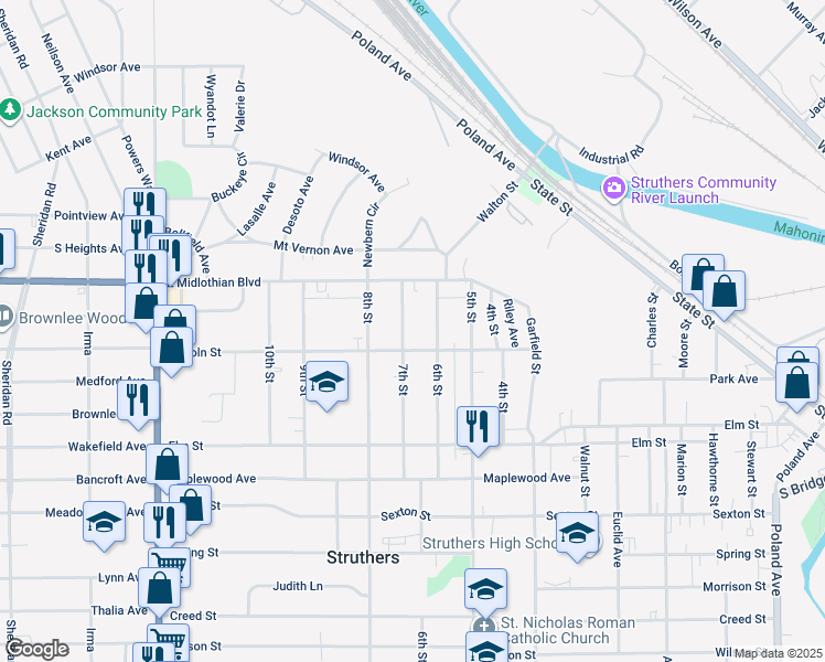 map of restaurants, bars, coffee shops, grocery stores, and more near 433 6th Street in Struthers