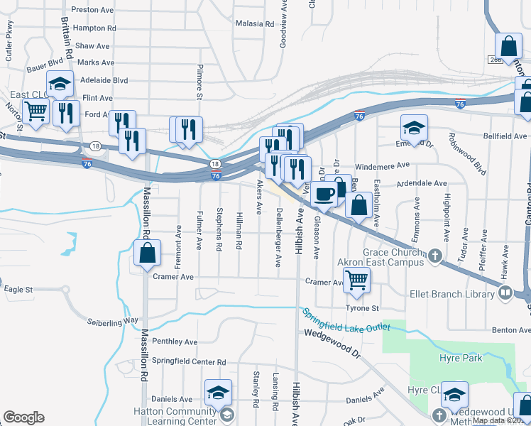 map of restaurants, bars, coffee shops, grocery stores, and more near 60 Akers Avenue in Akron