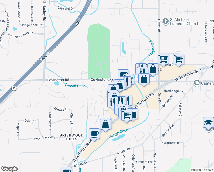 map of restaurants, bars, coffee shops, grocery stores, and more near 6634 Quail Ridge Lane in Fort Wayne