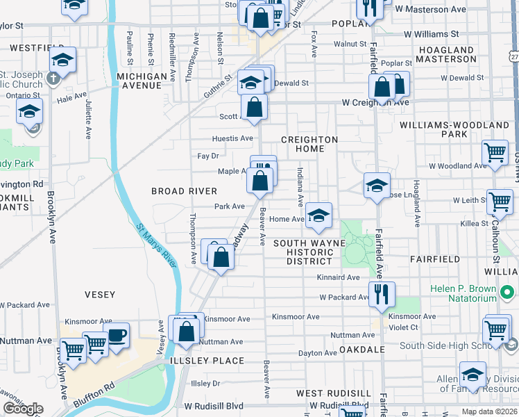map of restaurants, bars, coffee shops, grocery stores, and more near 1025 Savilla Avenue in Fort Wayne