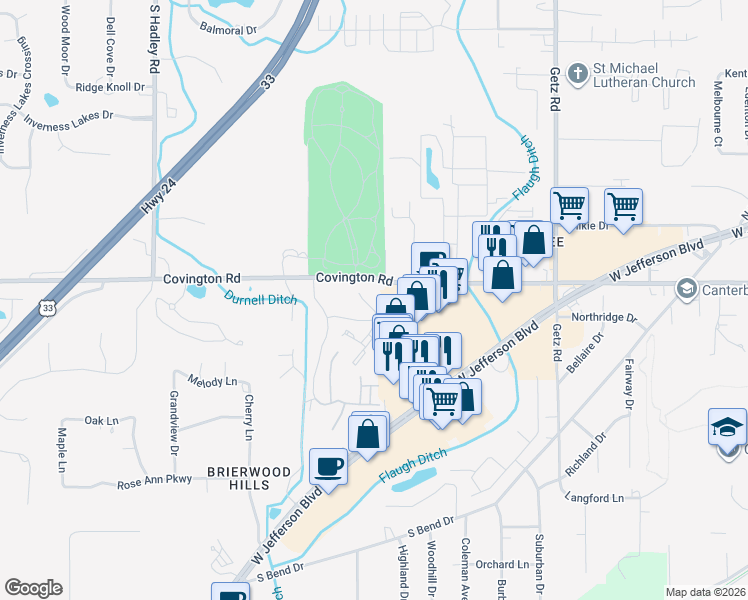map of restaurants, bars, coffee shops, grocery stores, and more near 6634 Quail Ridge Lane in Fort Wayne
