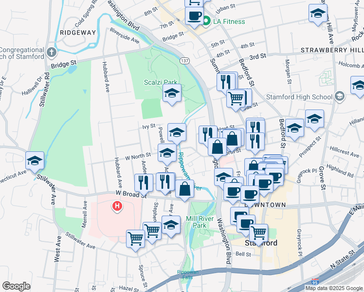 map of restaurants, bars, coffee shops, grocery stores, and more near 2 North Street in Stamford