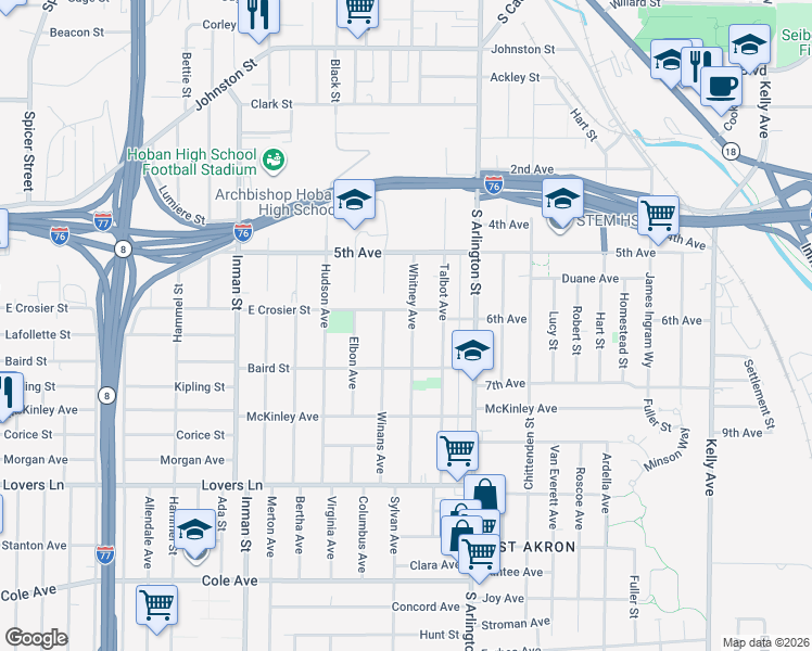 map of restaurants, bars, coffee shops, grocery stores, and more near 478 Whitney Avenue in Akron