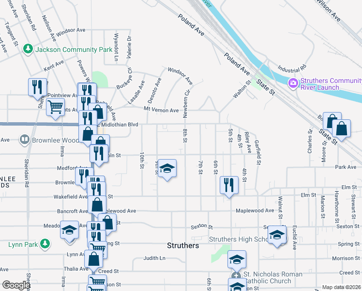 map of restaurants, bars, coffee shops, grocery stores, and more near 439 8th Street in Struthers