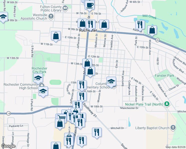 map of restaurants, bars, coffee shops, grocery stores, and more near 157 East 14th Street in Rochester