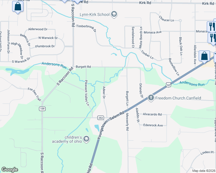 map of restaurants, bars, coffee shops, grocery stores, and more near 4163 Adeer Drive in Canfield