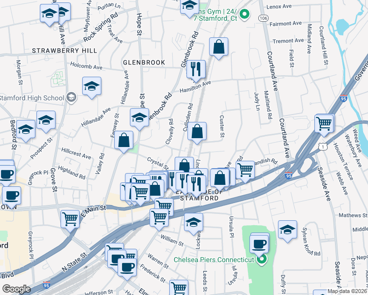 map of restaurants, bars, coffee shops, grocery stores, and more near 81 Culloden Road in Stamford