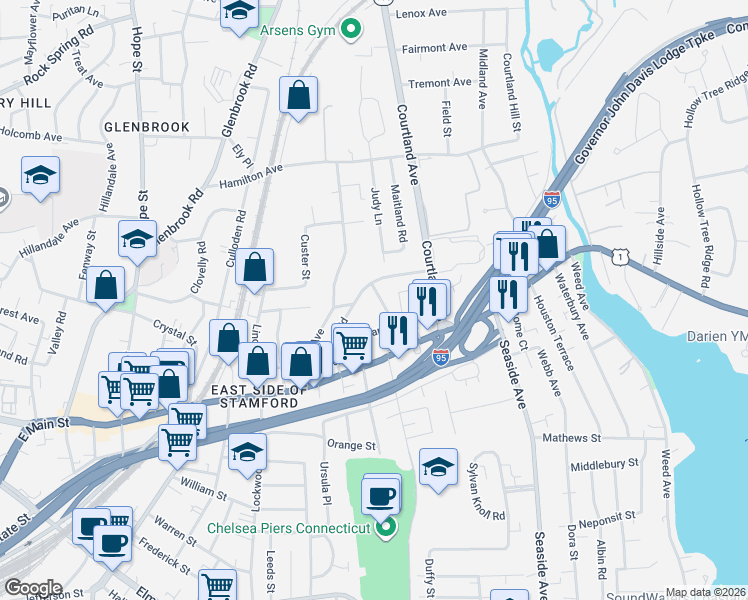 map of restaurants, bars, coffee shops, grocery stores, and more near 38 Revere Drive in Stamford