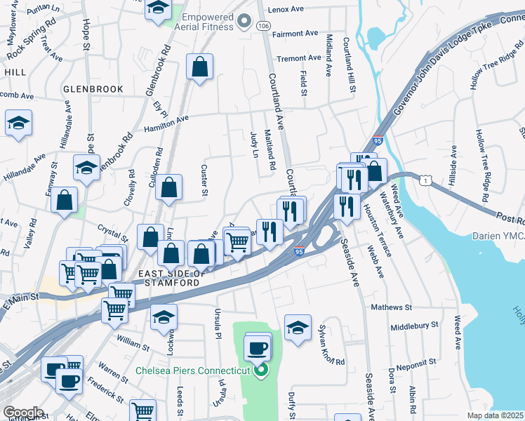 map of restaurants, bars, coffee shops, grocery stores, and more near 38 Revere Drive in Stamford