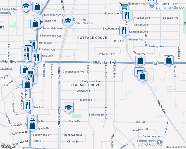 map of restaurants, bars, coffee shops, grocery stores, and more near 219 Clarencedale Avenue in Youngstown