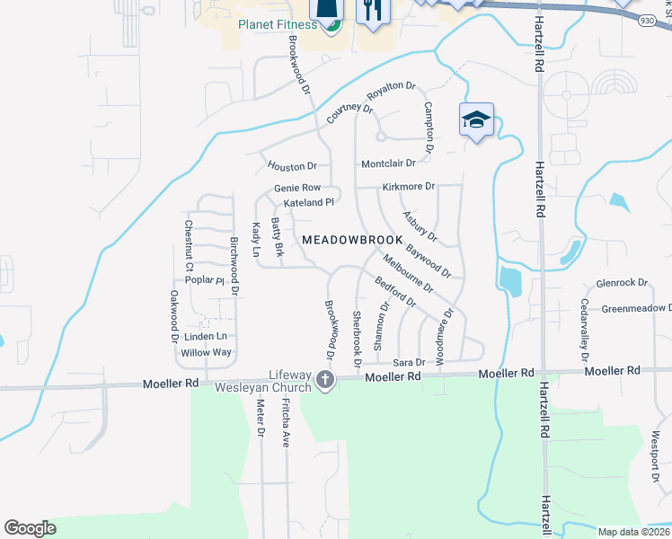 map of restaurants, bars, coffee shops, grocery stores, and more near Brookwood Drive in Fort Wayne