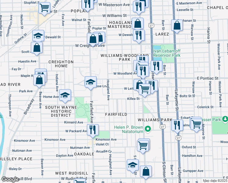 map of restaurants, bars, coffee shops, grocery stores, and more near 325 West Leith Street in Fort Wayne