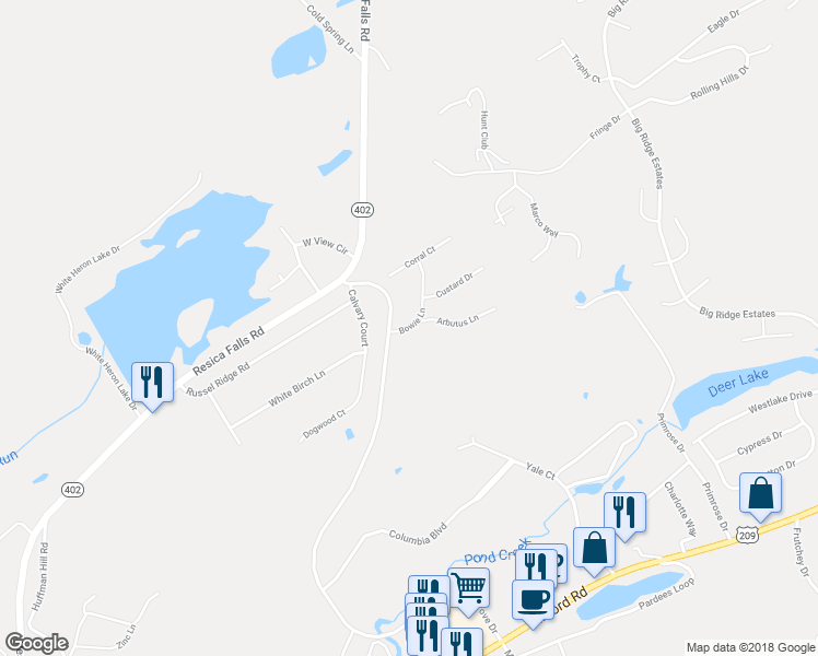 map of restaurants, bars, coffee shops, grocery stores, and more near 73 White Birch Lane in East Stroudsburg