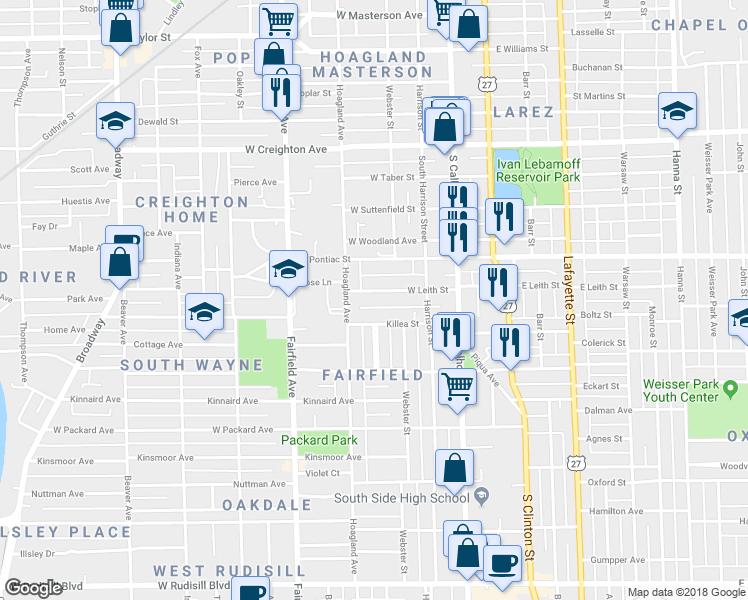 map of restaurants, bars, coffee shops, grocery stores, and more near 325 West Leith Street in Fort Wayne
