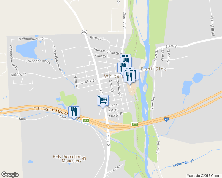 map of restaurants, bars, coffee shops, grocery stores, and more near 400 Elmira Street in White Haven