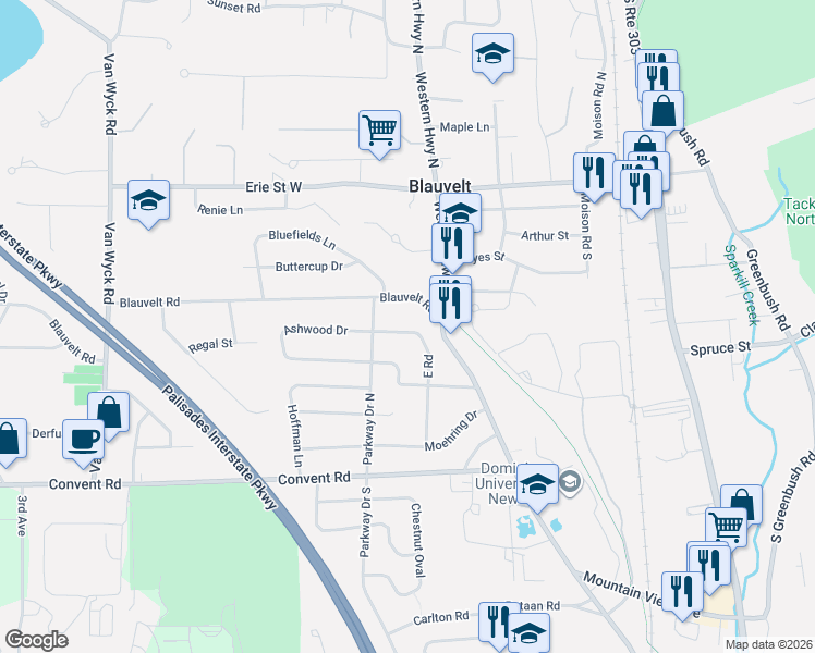 map of restaurants, bars, coffee shops, grocery stores, and more near 60 East Road in Blauvelt