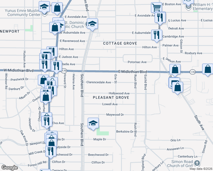 map of restaurants, bars, coffee shops, grocery stores, and more near 189 Clarencedale Avenue in Youngstown