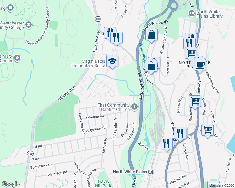 map of restaurants, bars, coffee shops, grocery stores, and more near 81 Festival Court in White Plains
