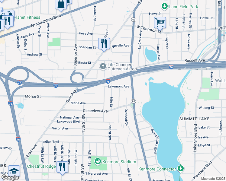 map of restaurants, bars, coffee shops, grocery stores, and more near 1437 Hite Street in Akron