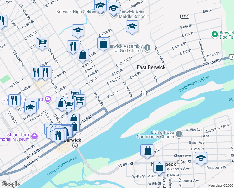 map of restaurants, bars, coffee shops, grocery stores, and more near 209 Fowler Avenue in Berwick