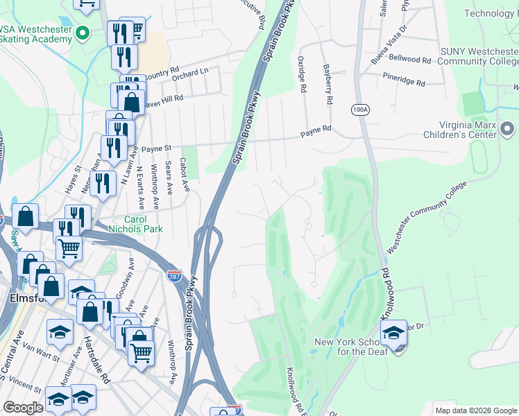 map of restaurants, bars, coffee shops, grocery stores, and more near 1 Knollwood Crest in Elmsford
