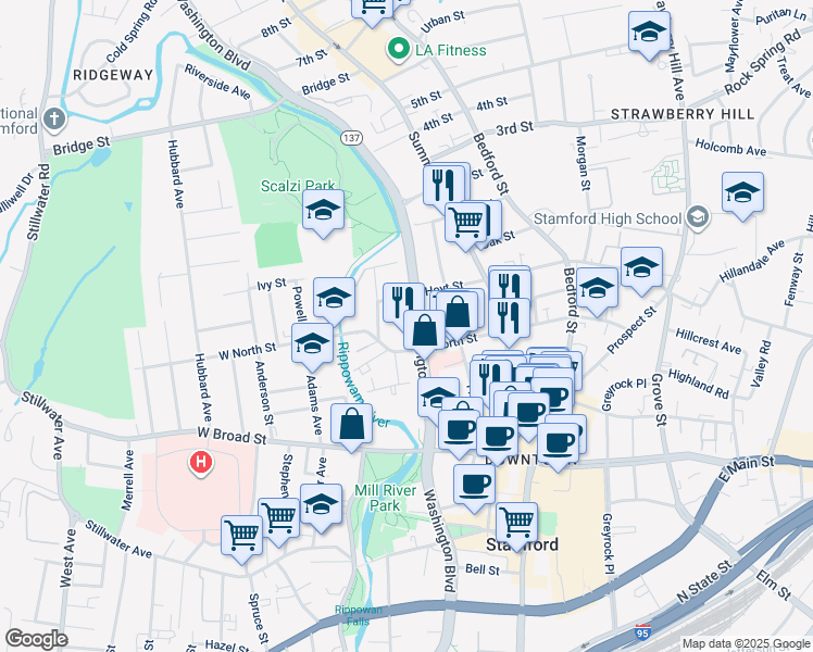 map of restaurants, bars, coffee shops, grocery stores, and more near 1450 Washington Boulevard in Stamford