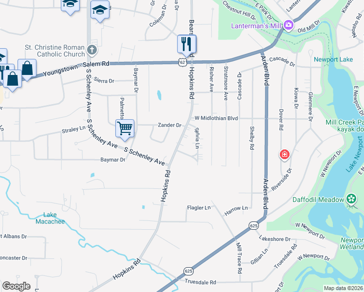 map of restaurants, bars, coffee shops, grocery stores, and more near 4005 Hopkins Road in Youngstown
