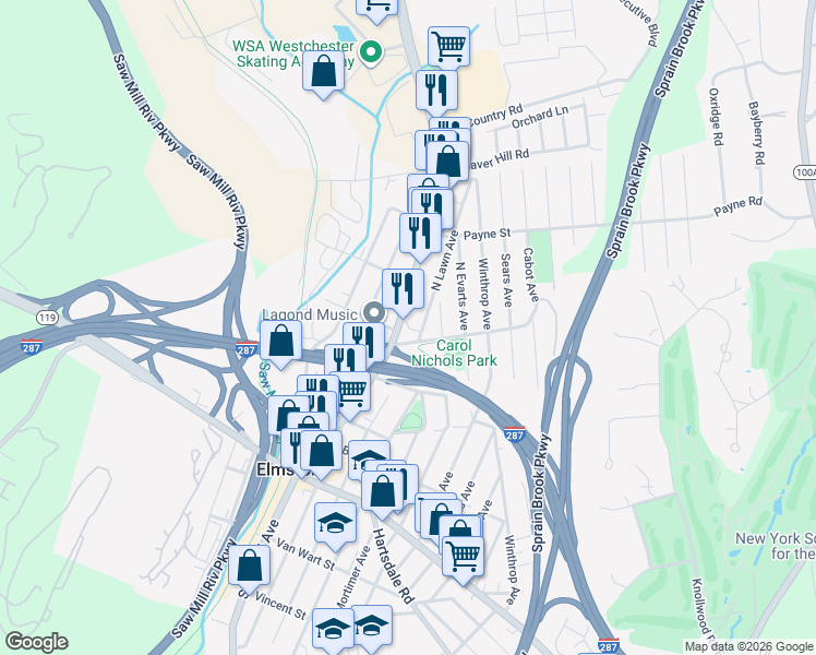 map of restaurants, bars, coffee shops, grocery stores, and more near 75 North Lawn Avenue in Elmsford