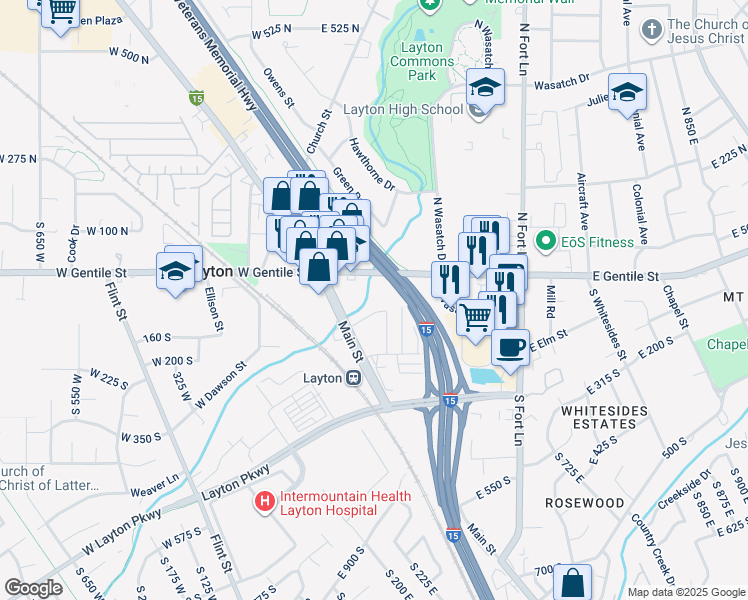 map of restaurants, bars, coffee shops, grocery stores, and more near 69 South Main Street in Layton