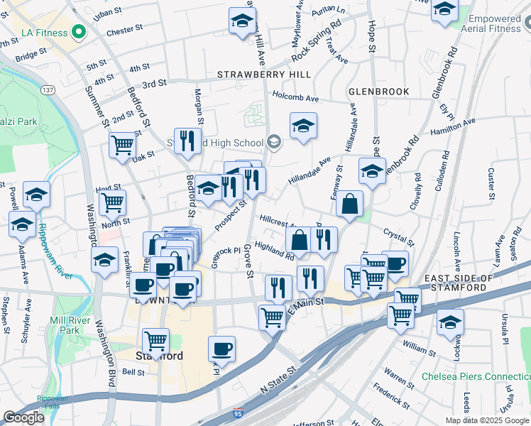 map of restaurants, bars, coffee shops, grocery stores, and more near 167 Grove Street in Stamford