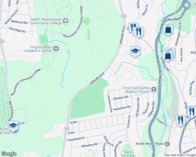map of restaurants, bars, coffee shops, grocery stores, and more near 15 Victory Court in White Plains