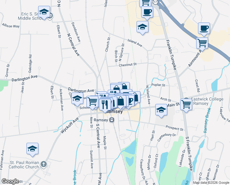 map of restaurants, bars, coffee shops, grocery stores, and more near 63 Church Street in Ramsey