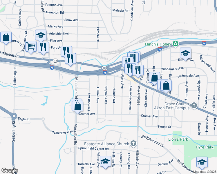 map of restaurants, bars, coffee shops, grocery stores, and more near 66 Hillman Road in Akron