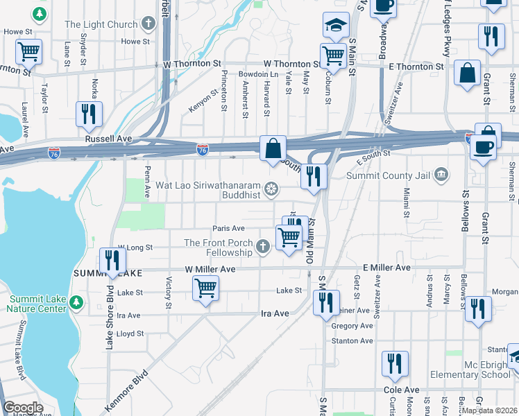 map of restaurants, bars, coffee shops, grocery stores, and more near 104 West Crosier Street in Akron