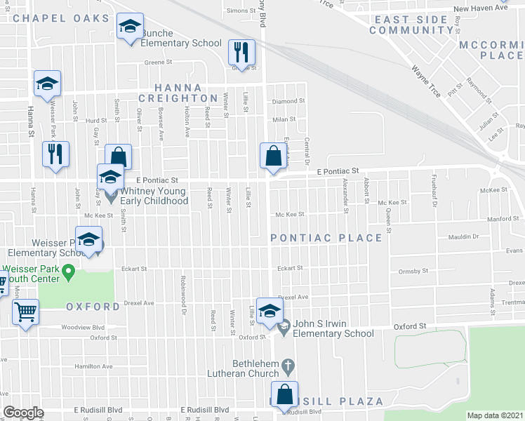 map of restaurants, bars, coffee shops, grocery stores, and more near in Fort Wayne